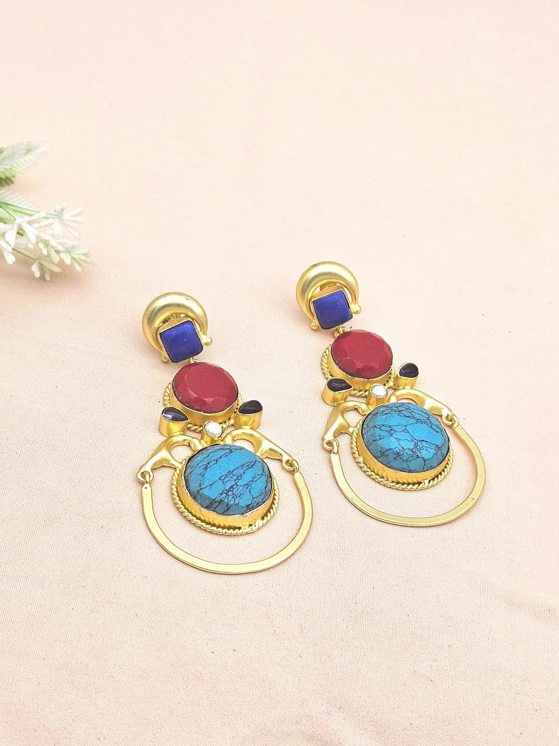 Gorgeous Gold plated Lapis-Coral-Turquoise-Amethyst-Pearl Dangle Drop Earrings