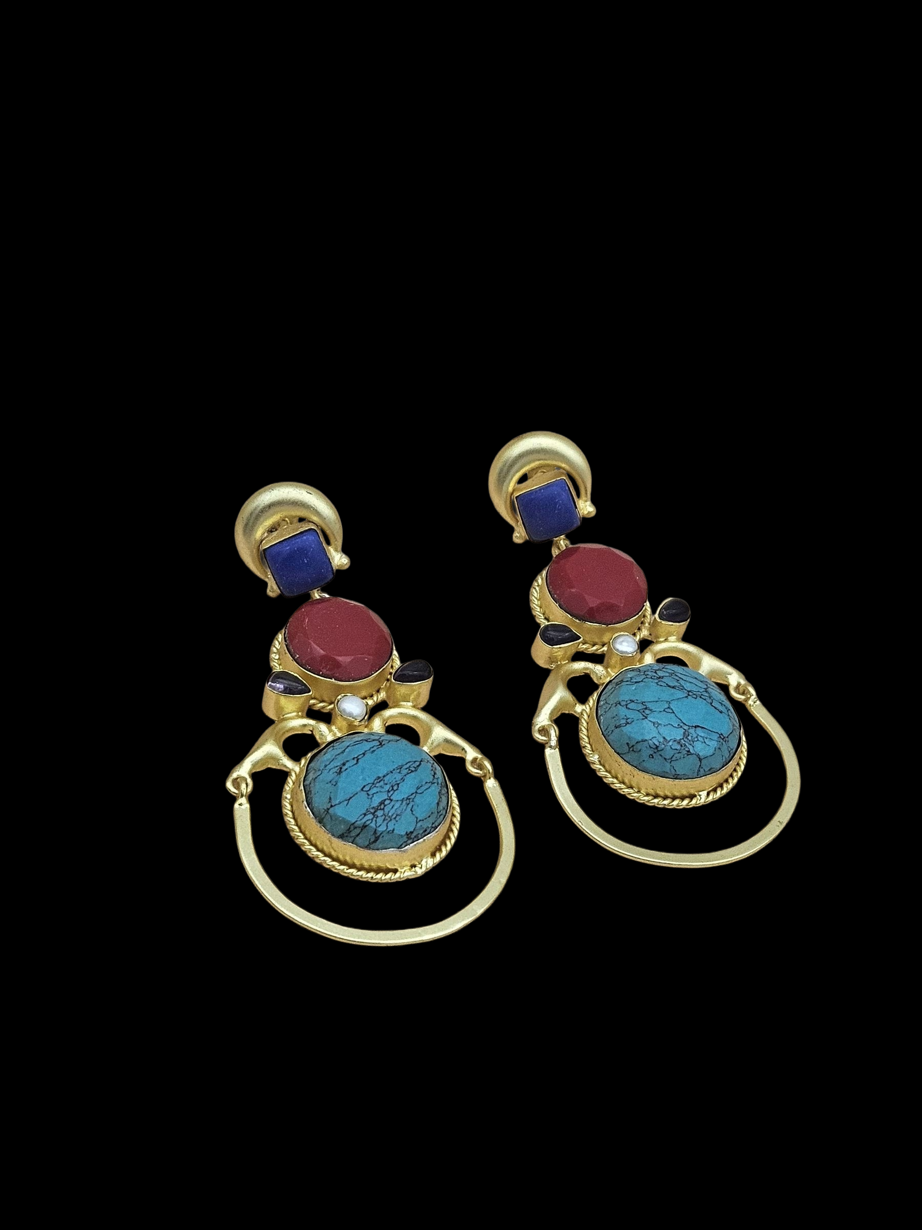 Gorgeous Gold plated Lapis-Coral-Turquoise-Amethyst-Pearl Dangle Drop Earrings