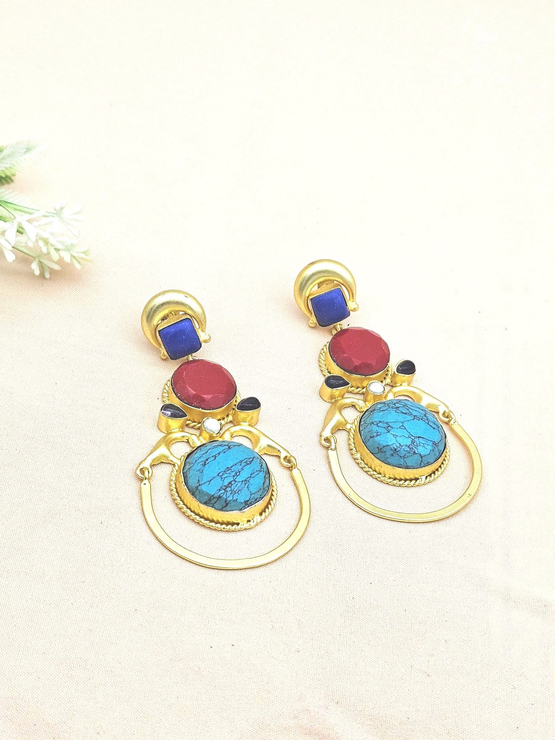 Gorgeous Gold plated Lapis-Coral-Turquoise-Amethyst-Pearl Dangle Drop Earrings