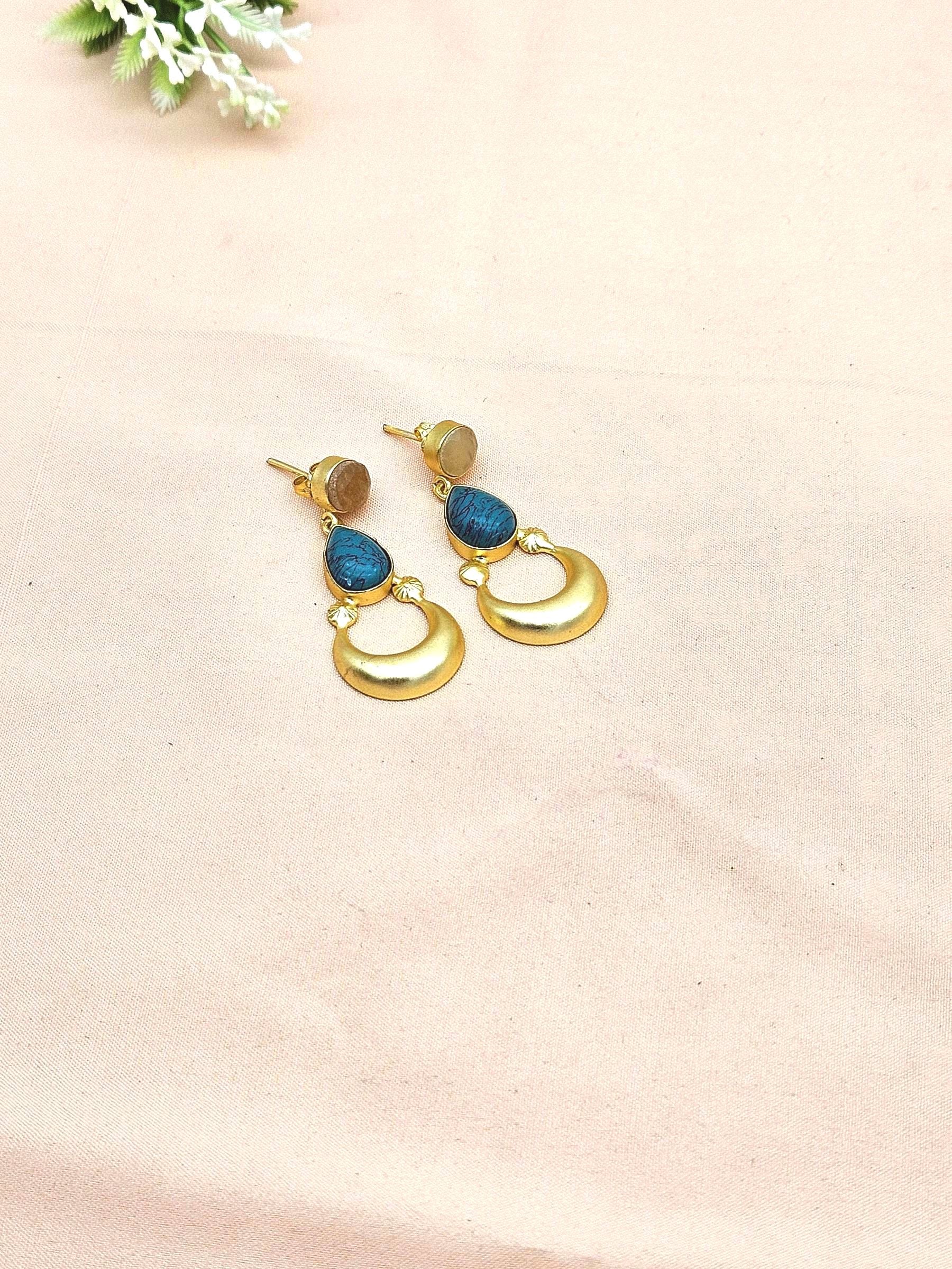 Awesome Gold plated Turquoise-Yellow Chalcedony Stone Cute Designer Dangle Drop Earrings