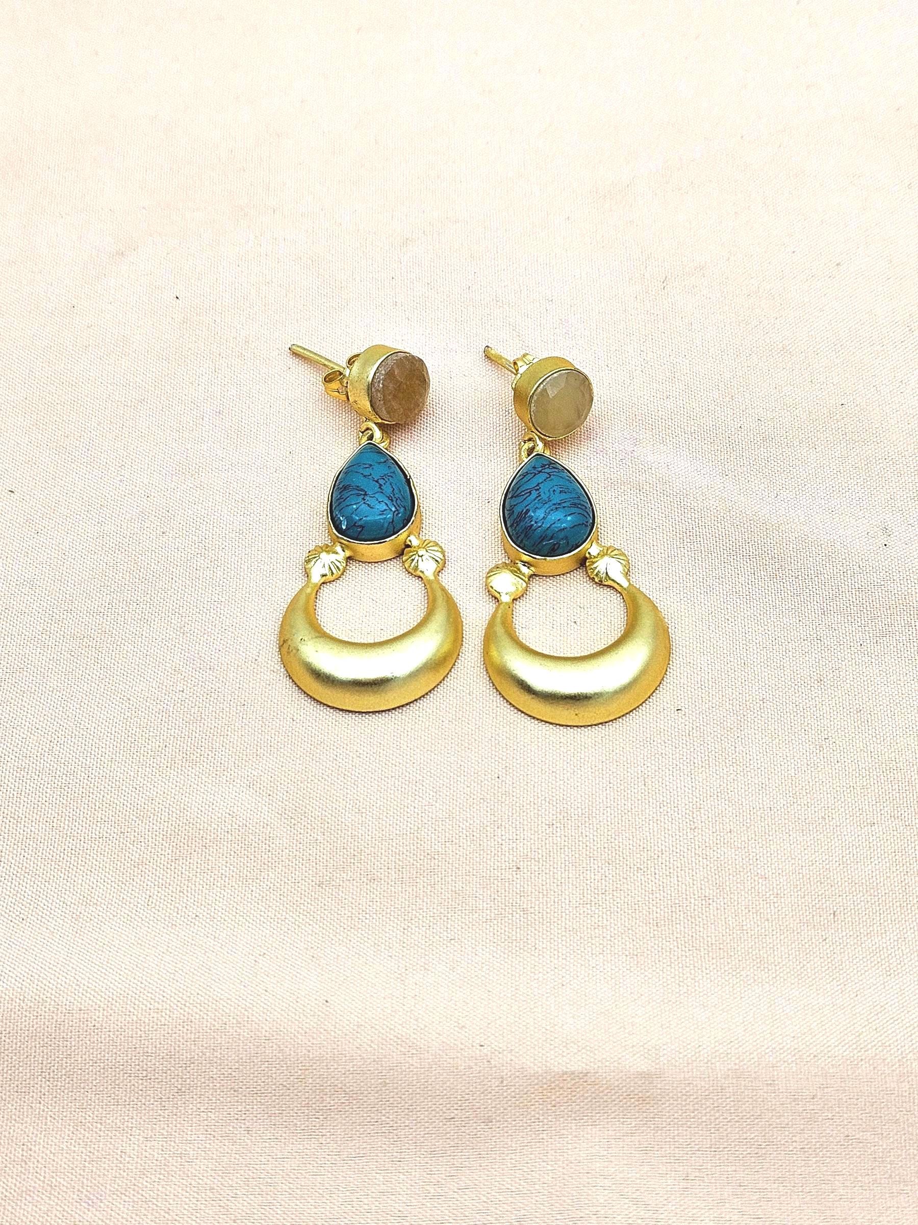Awesome Gold plated Turquoise-Yellow Chalcedony Stone Cute Designer Dangle Drop Earrings