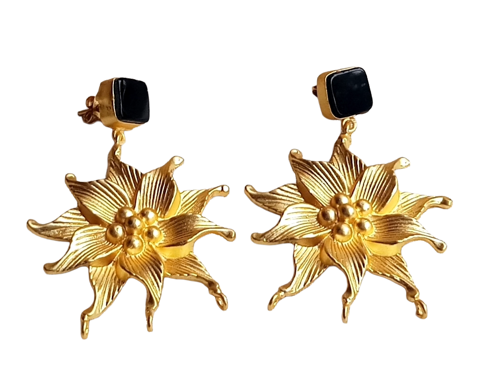 Amazing Gold plated Black Onyx Stone Floral Designer Dangle Drop Earrings