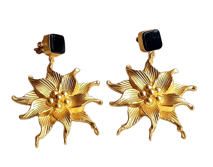 Amazing Gold plated Black Onyx Stone Floral Designer Dangle Drop Earrings