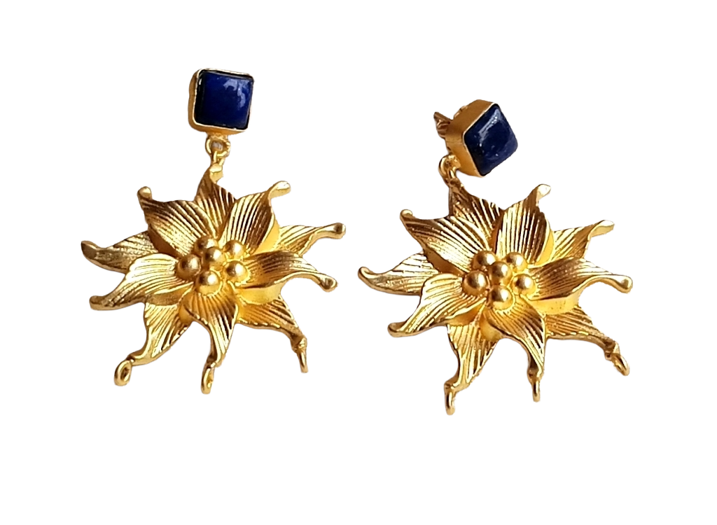 Amazing Gold plated Lapis Stone Floral Designer Dangle Drop Earrings