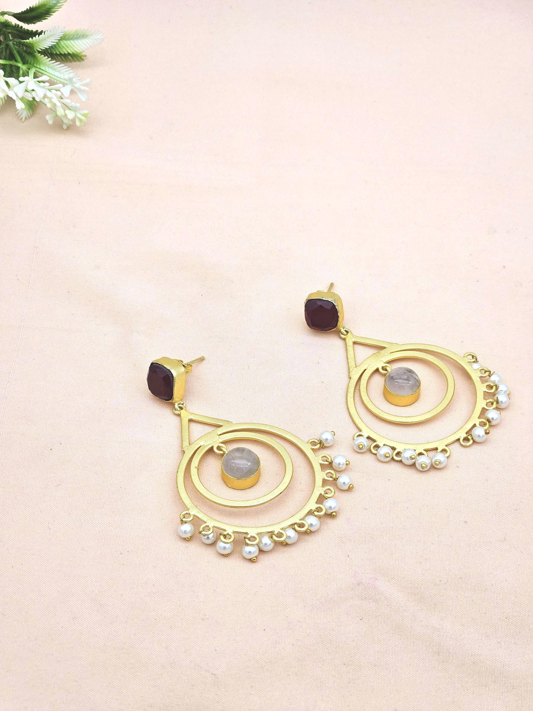 Elegant Gold plated Red Onyx-Rose Qtz-Pearl Designer Dangle Drop Earrings