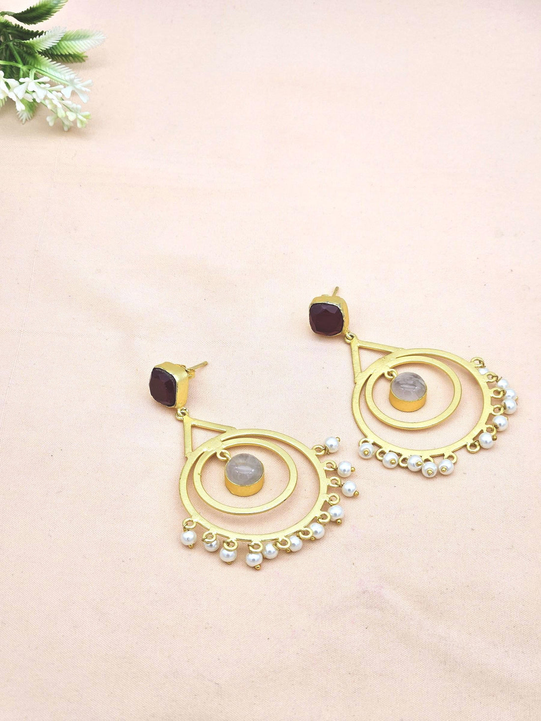 Elegant Gold plated Red Onyx-Rose Qtz-Pearl Designer Dangle Drop Earrings