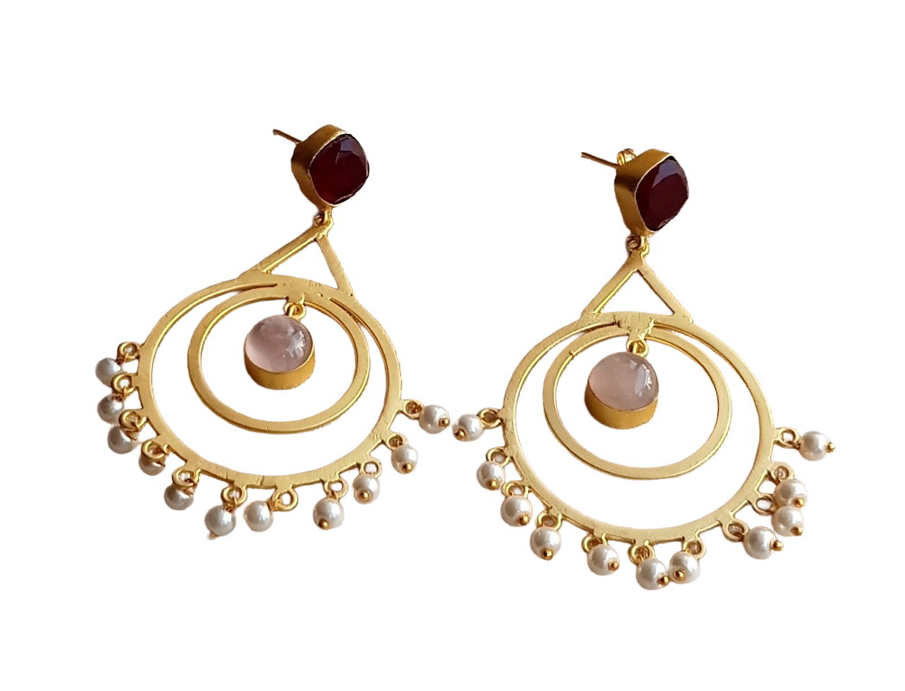 Elegant Gold plated Red Onyx-Rose Qtz-Pearl Designer Dangle Drop Earrings