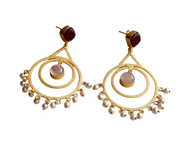 Elegant Gold plated Red Onyx-Rose Qtz-Pearl Designer Dangle Drop Earrings