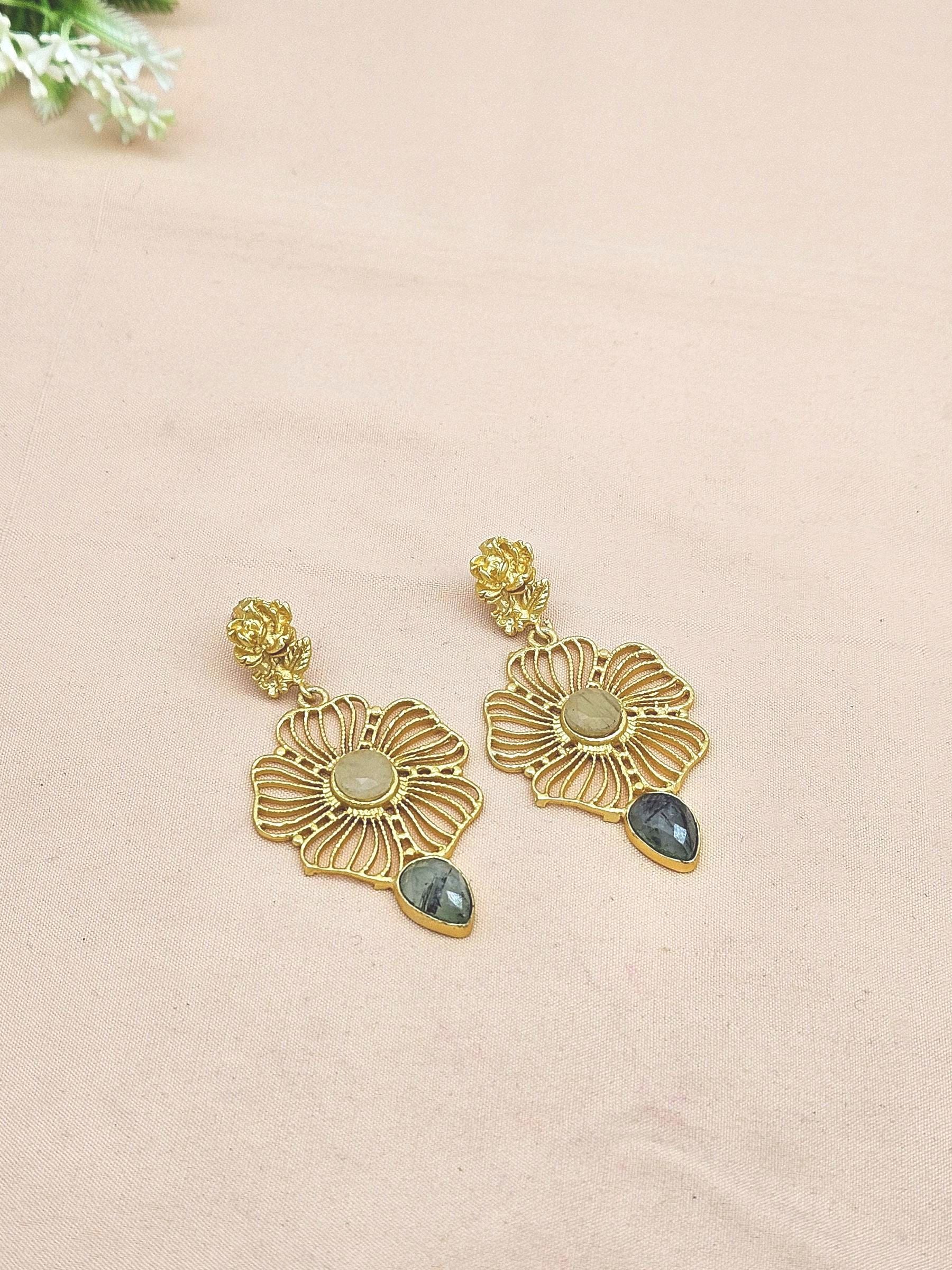 Stunning Gold plated Yellow Chalcedony Prehnite Fine Artistic Floral Designer Dangle Drop Earrings