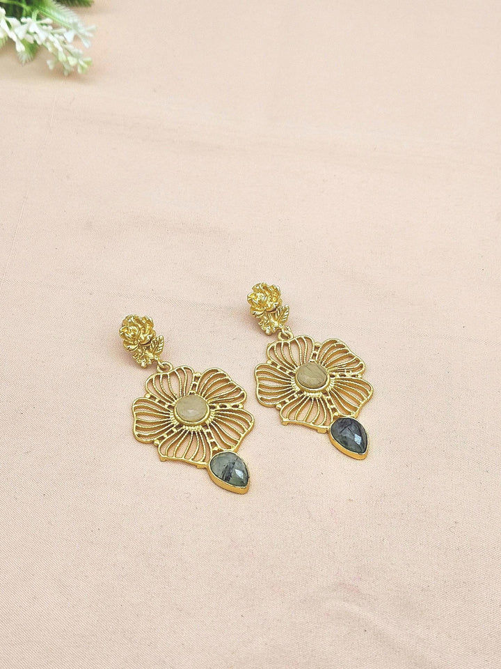 Stunning Gold plated Yellow Chalcedony Prehnite Fine Artistic Floral Designer Dangle Drop Earrings