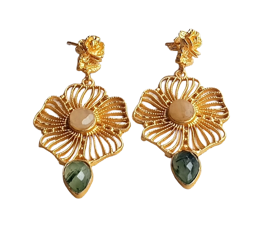 Stunning Gold plated Yellow Chalcedony Prehnite Fine Artistic Floral Designer Dangle Drop Earrings