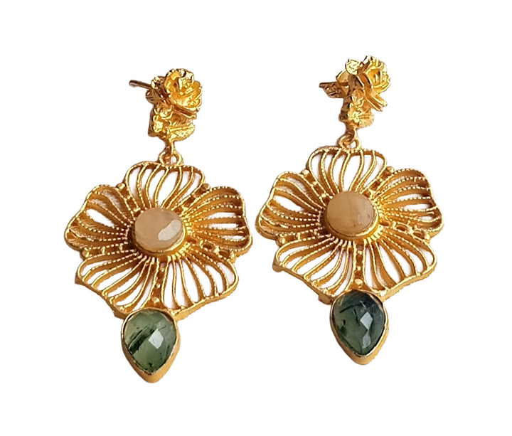 Stunning Gold plated Yellow Chalcedony Prehnite Fine Artistic Floral Designer Dangle Drop Earrings