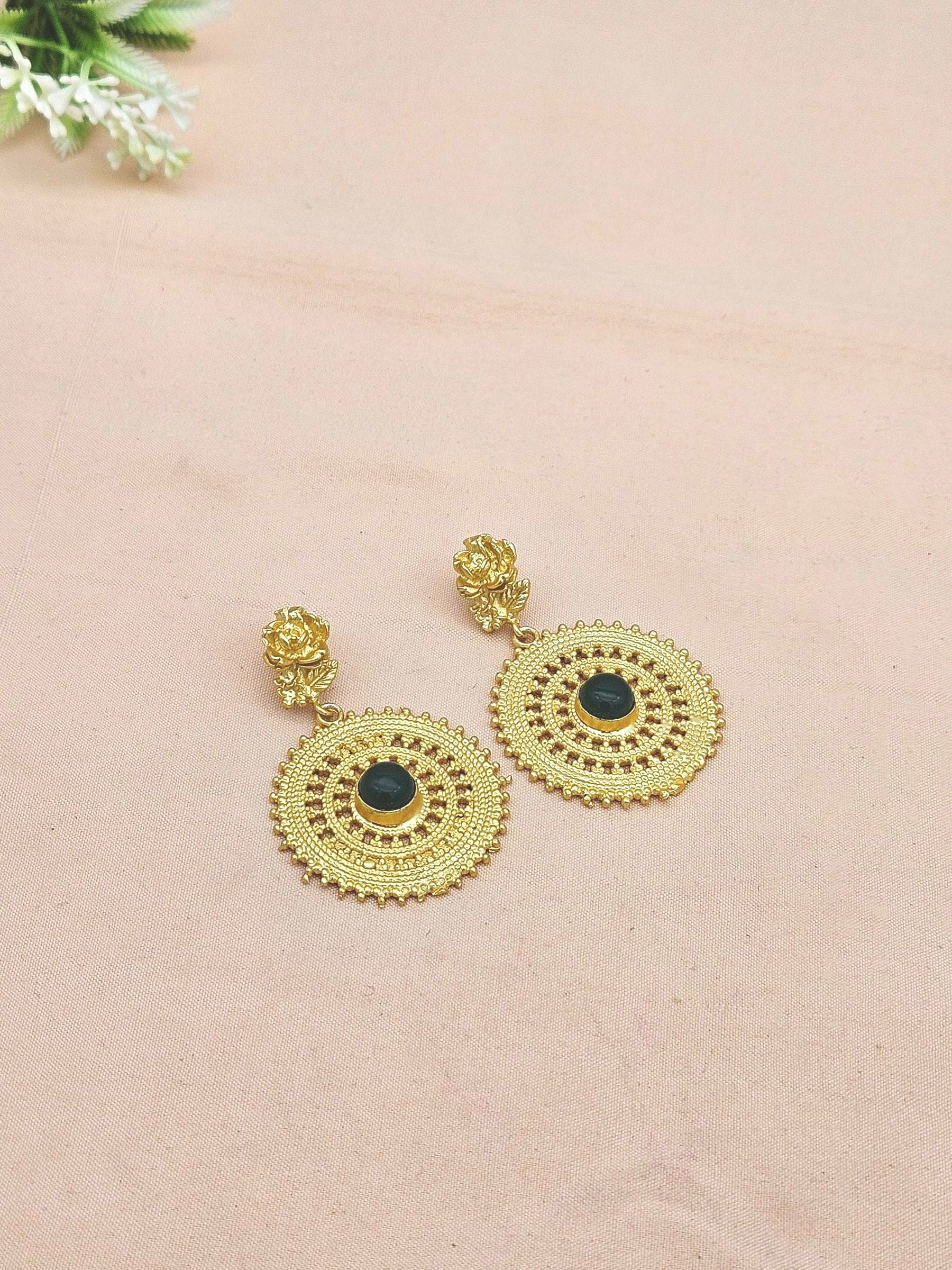 Awesome Gold plated Green Onyx Fine Artistic Floral Designer Dangle Drop Earrings