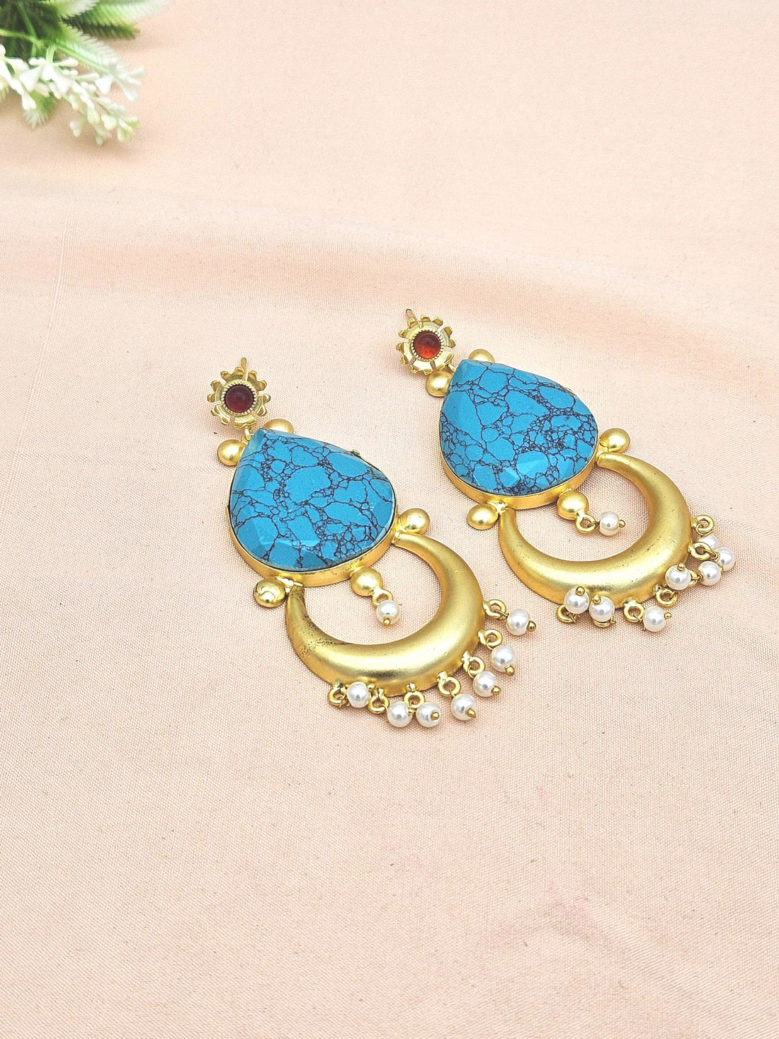 Amazing Gold plated Turquoise-Red Glass -Pearl Charming Moon Designer Dangle Drop Earrings