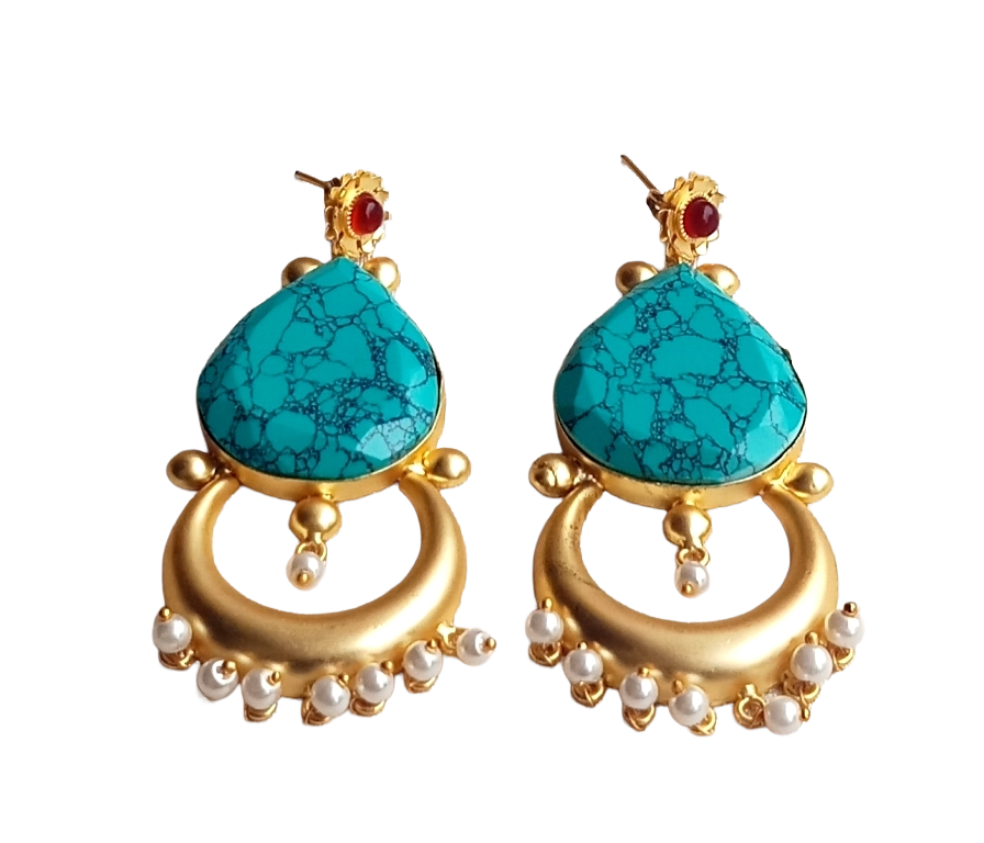 Amazing Gold plated Turquoise-Red Glass -Pearl Charming Moon Designer Dangle Drop Earrings