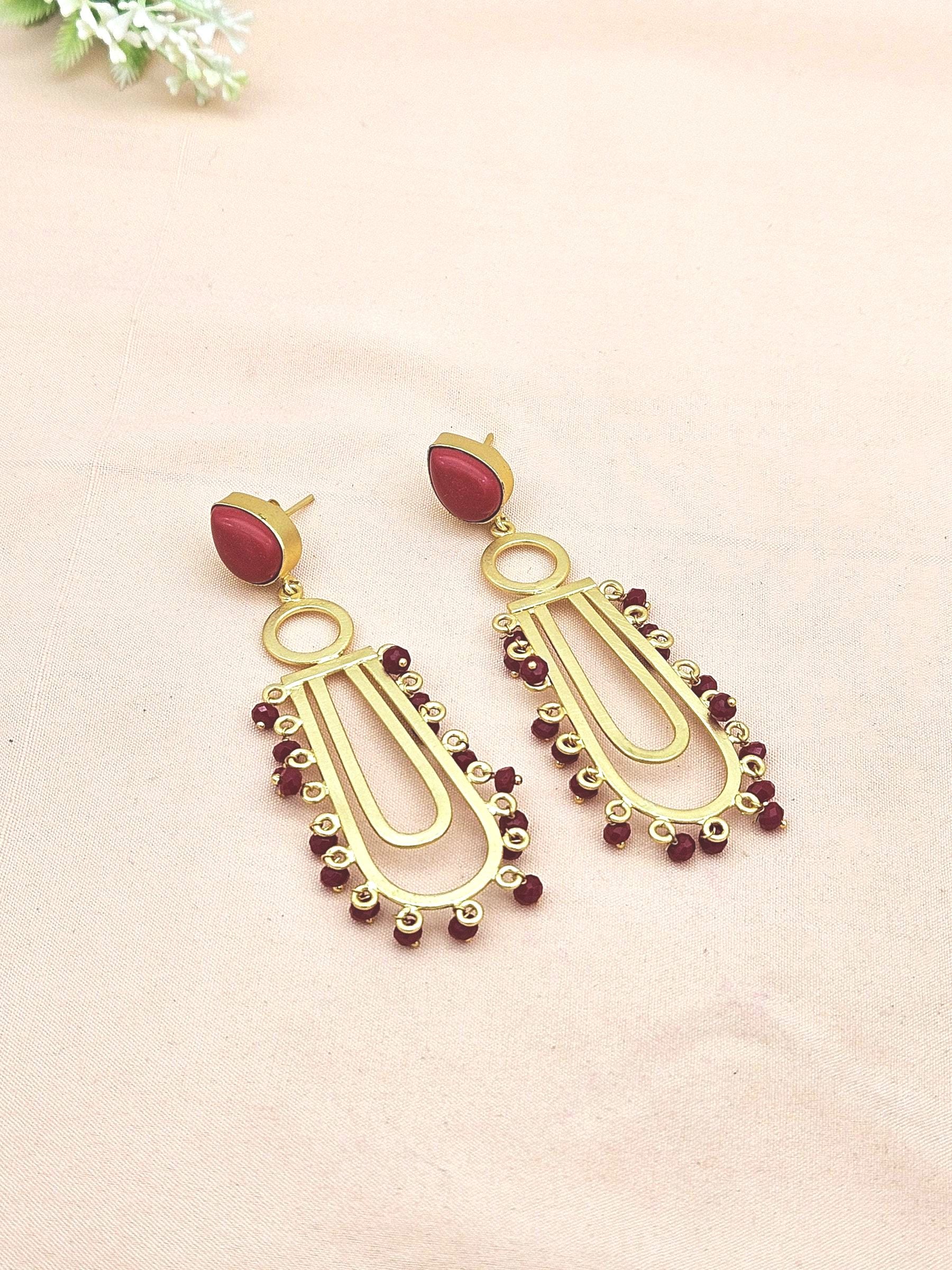 Awesome Gold plated Coral-red Glass Beads Designer Dangle Drop Earrings