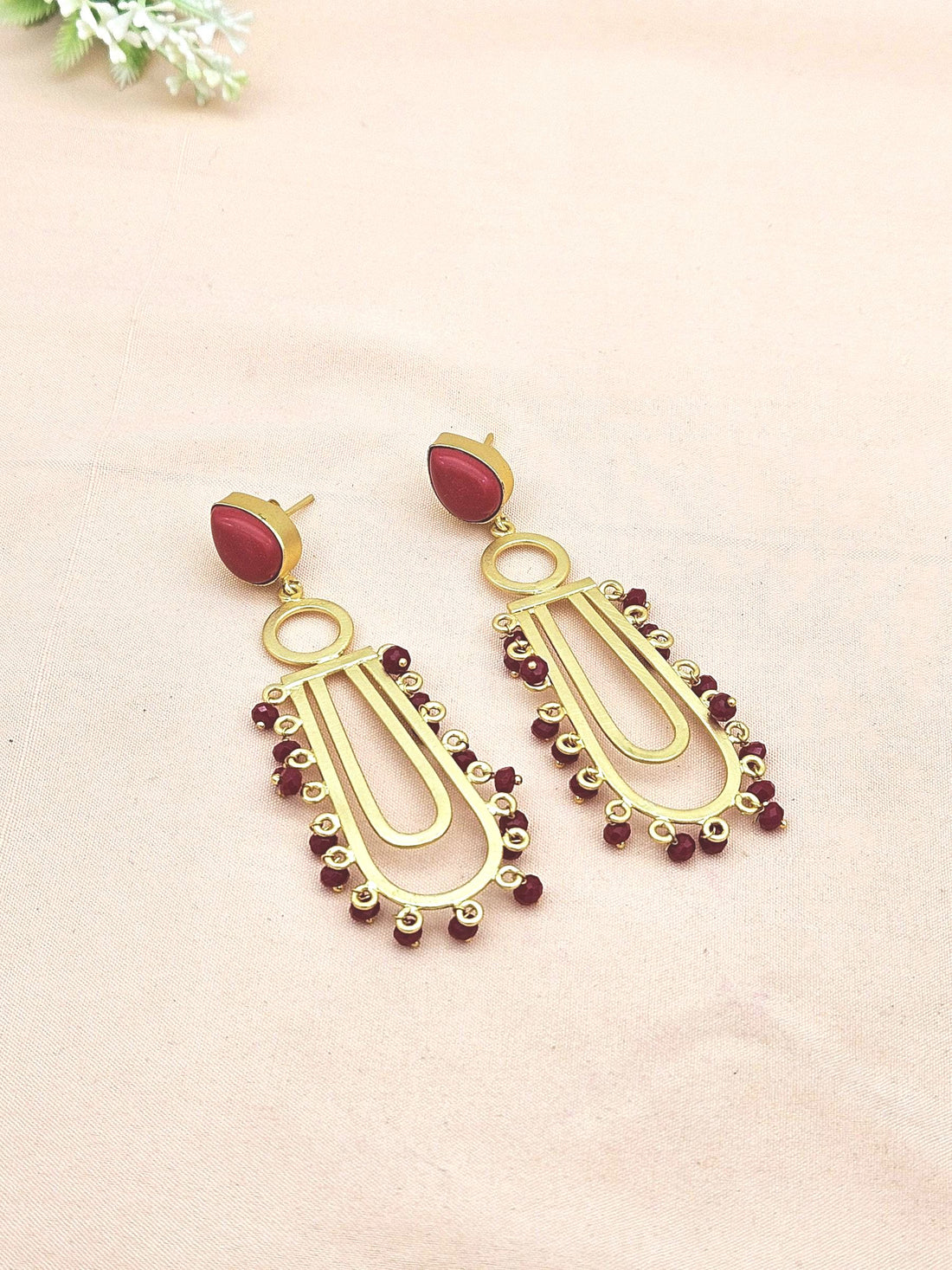 Awesome Gold plated Coral-red Glass Beads Designer Dangle Drop Earrings