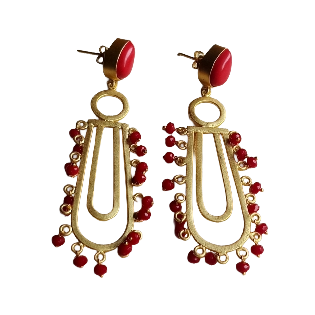 Awesome Gold plated Coral-red Glass Beads Designer Dangle Drop Earrings