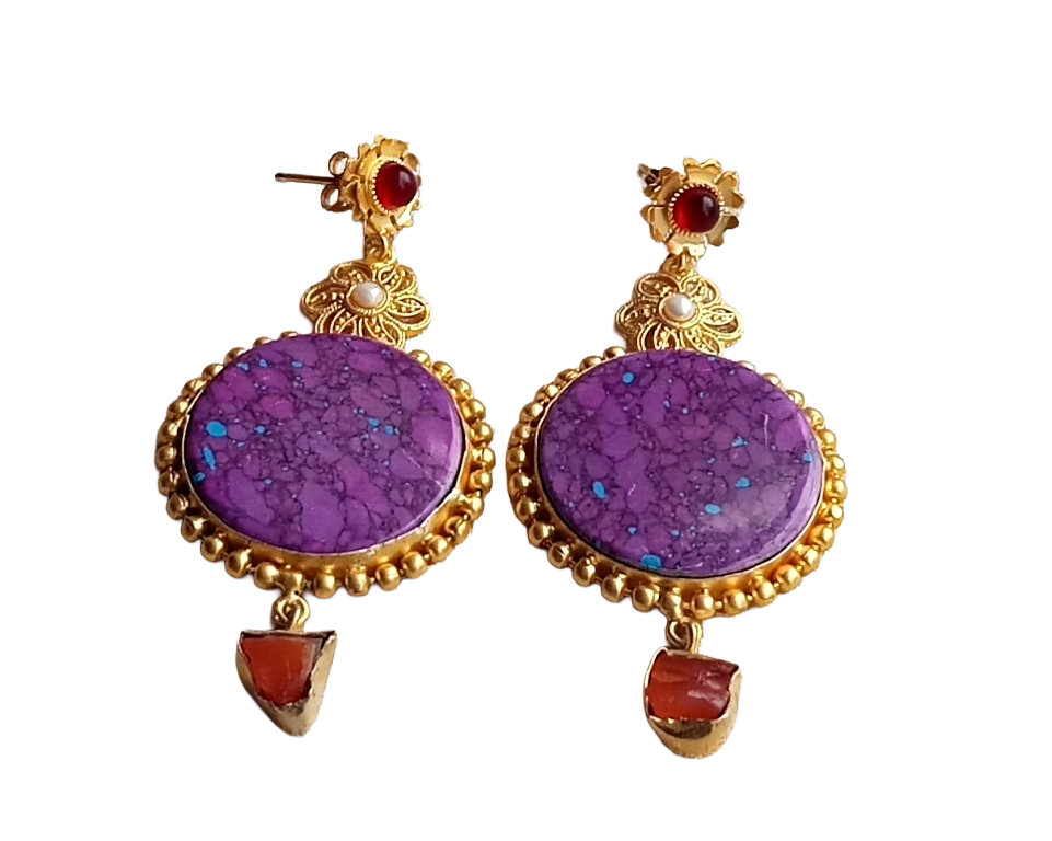 Gold plated Purple Jasper Carnelian Rough-Red Glass Pearl Charming Designer Dangle Drop Earrings