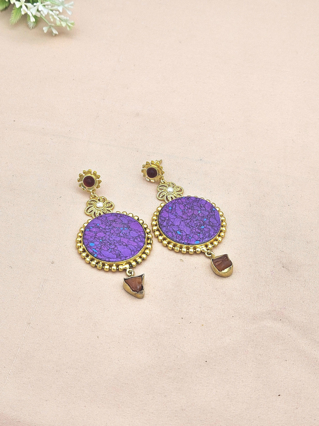 Gold plated Purple Jasper Carnelian Rough-Red Glass Pearl Charming Designer Dangle Drop Earrings