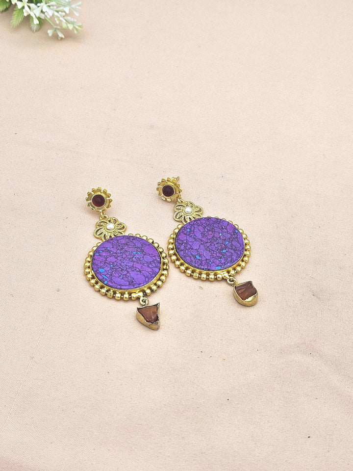 Gold plated Purple Jasper Carnelian Rough-Red Glass Pearl Charming Designer Dangle Drop Earrings