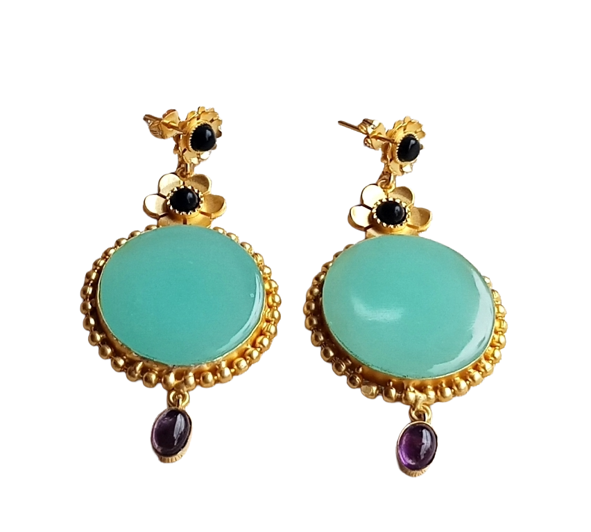 Gold plated Chalcedony Black Onyx Amethyst Charming Designer Dangle Drop Earrings