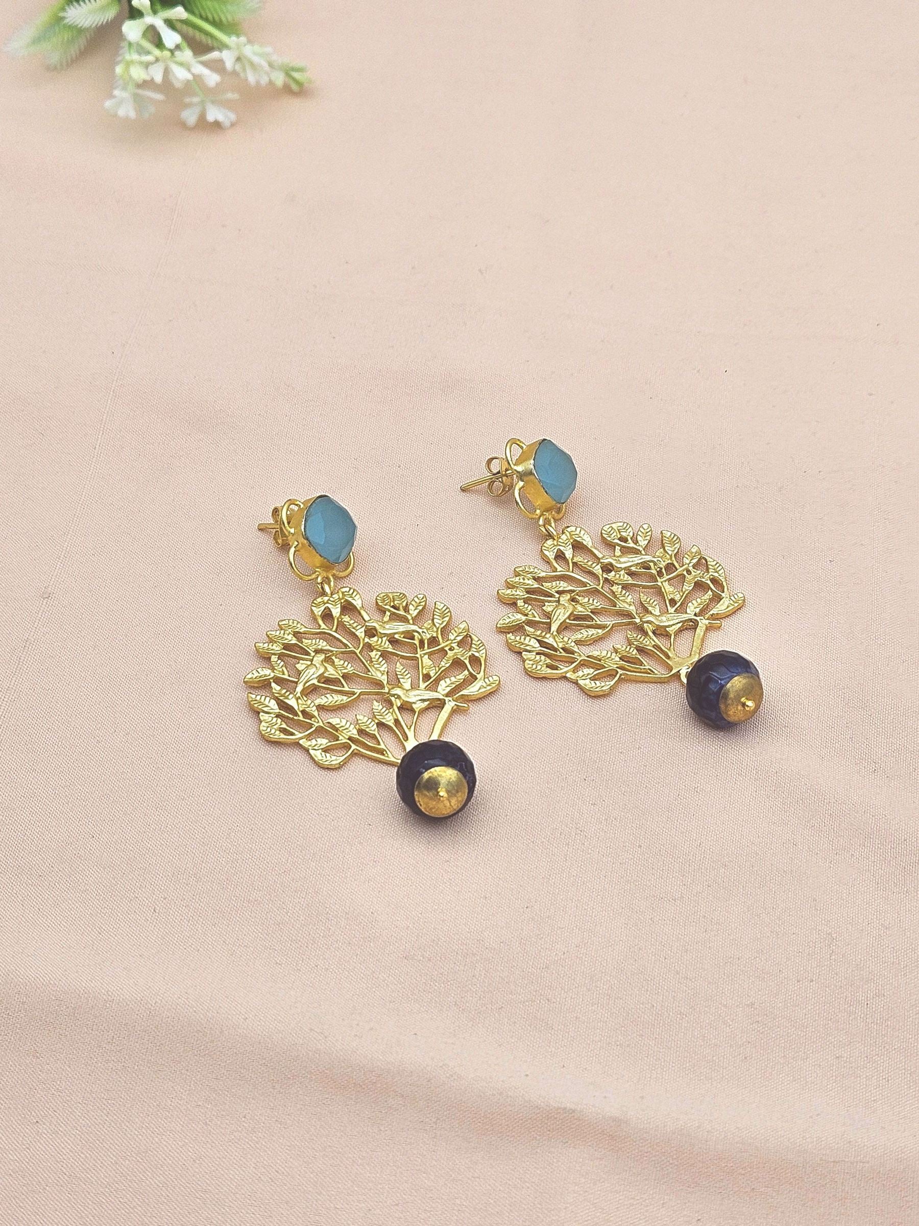 Amazing Golden Chalcedony-Blue Onyx Stone Charming Tree Designer Dangle Drop Earrings