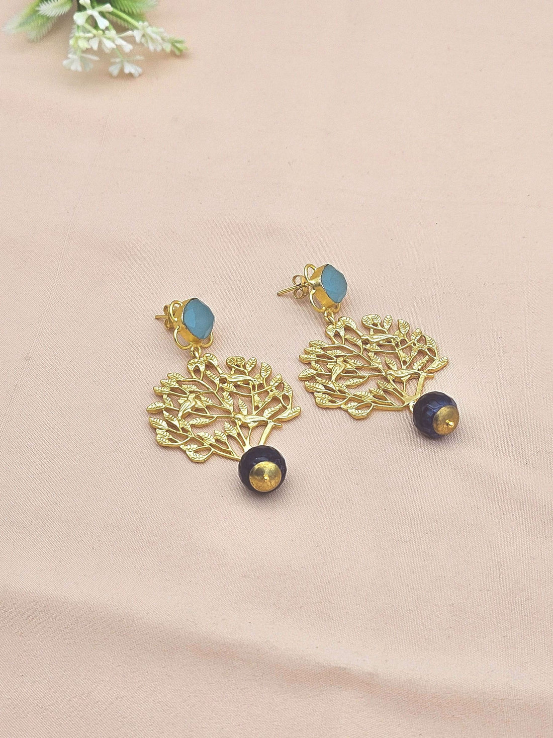 Amazing Golden Chalcedony-Blue Onyx Stone Charming Tree Designer Dangle Drop Earrings
