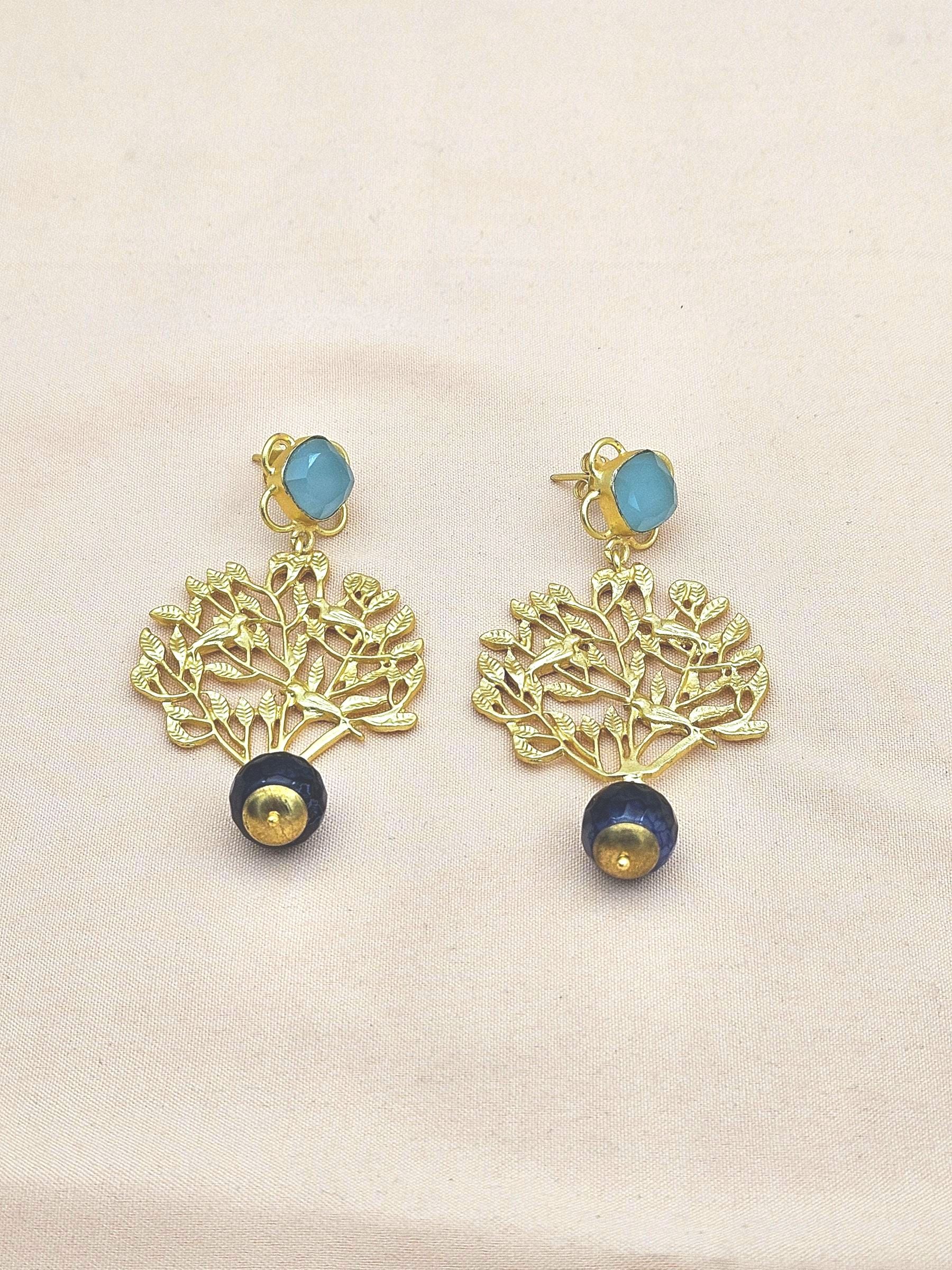 Amazing Golden Chalcedony-Blue Onyx Stone Charming Tree Designer Dangle Drop Earrings