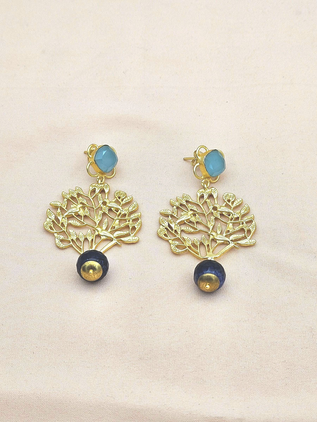 Amazing Golden Chalcedony-Blue Onyx Stone Charming Tree Designer Dangle Drop Earrings