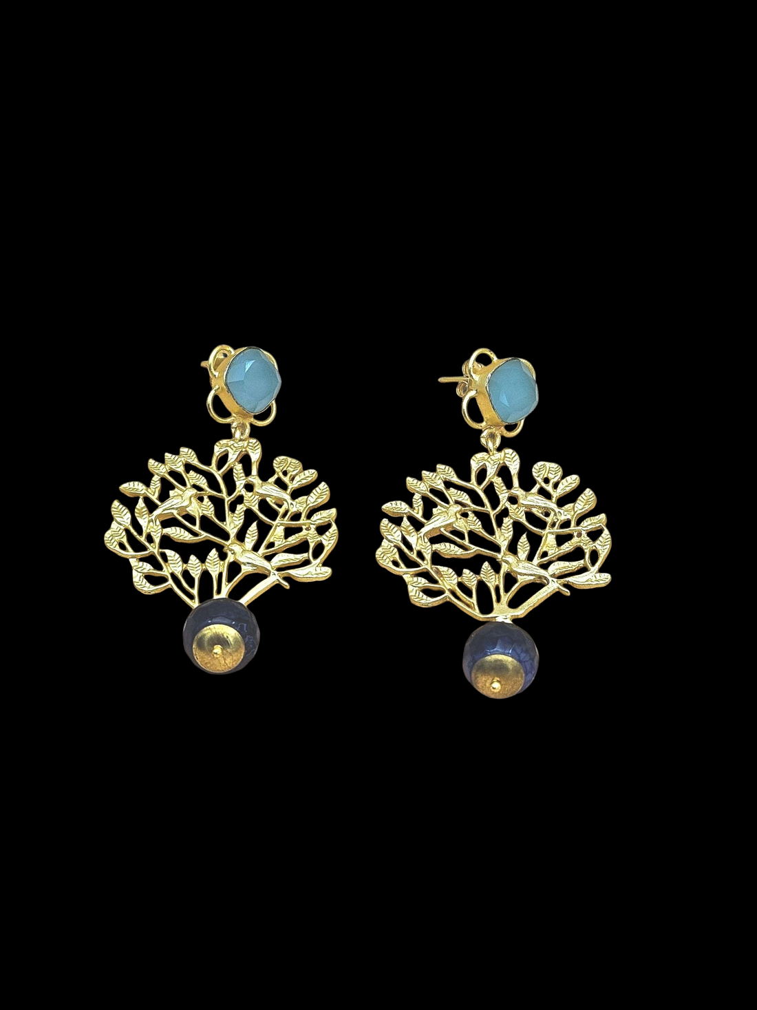 Amazing Golden Chalcedony-Blue Onyx Stone Charming Tree Designer Dangle Drop Earrings