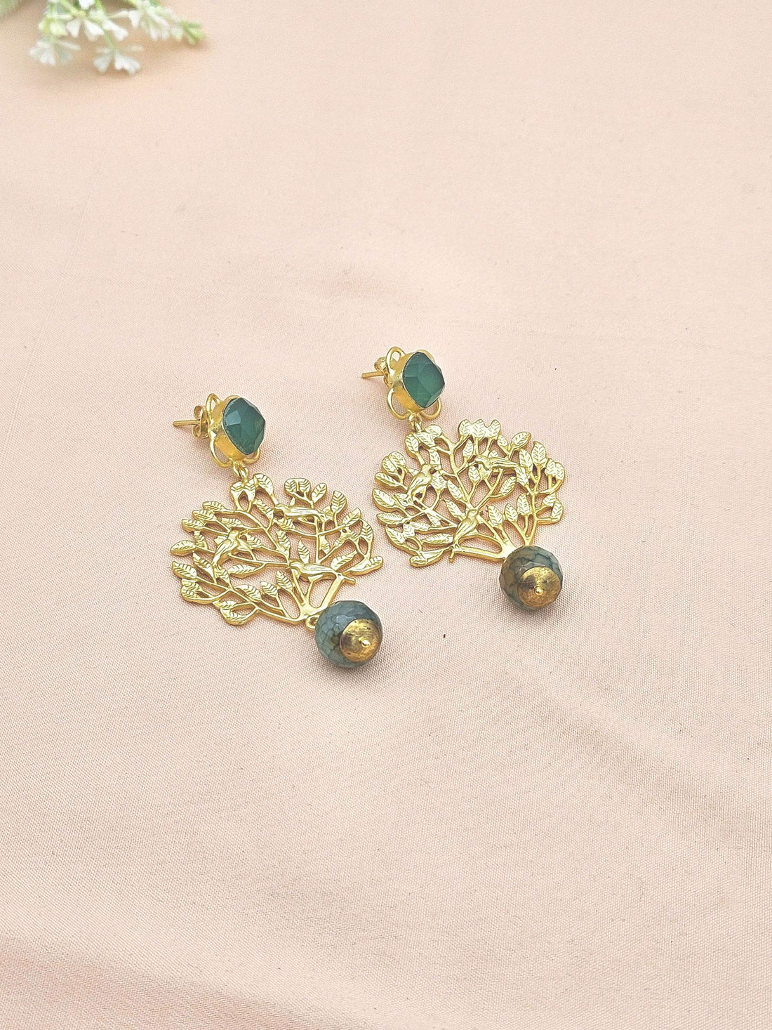 Amazing Golden Green Onyx Stone Charming Tree Designer Dangle Drop Earrings