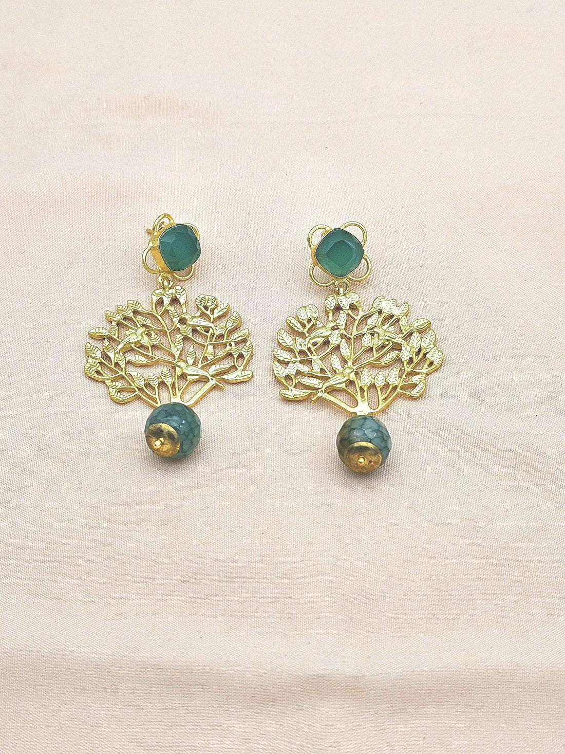 Amazing Golden Green Onyx Stone Charming Tree Designer Dangle Drop Earrings