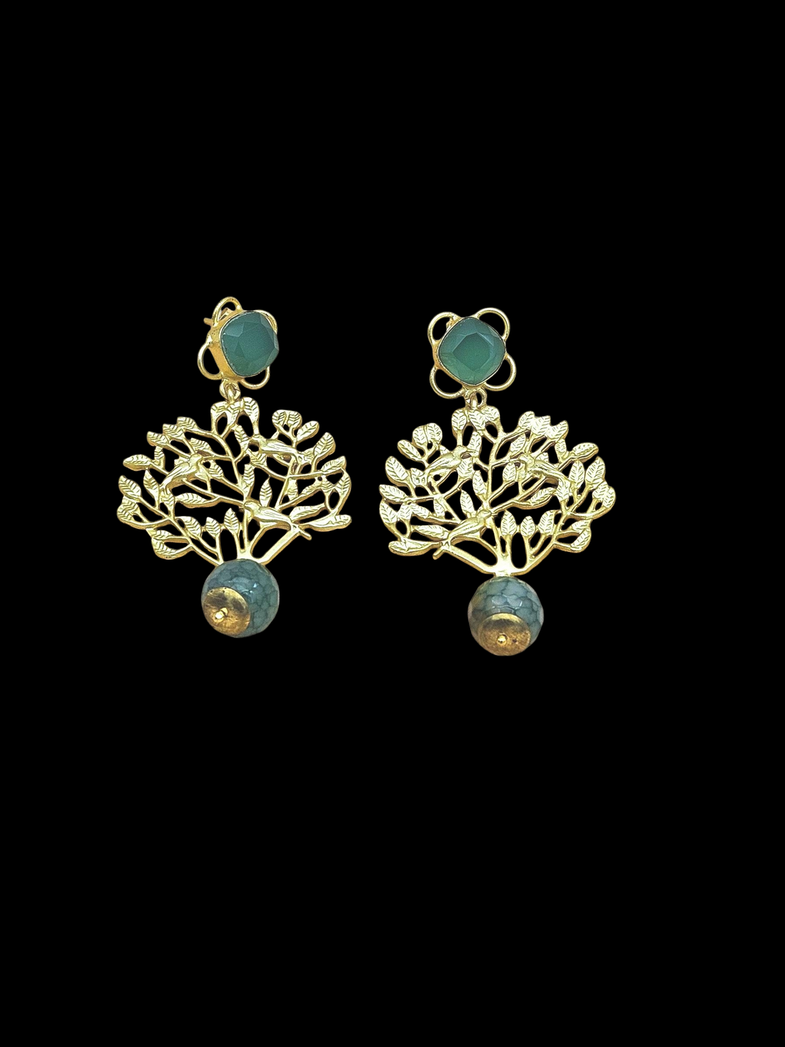 Amazing Golden Green Onyx Stone Charming Tree Designer Dangle Drop Earrings