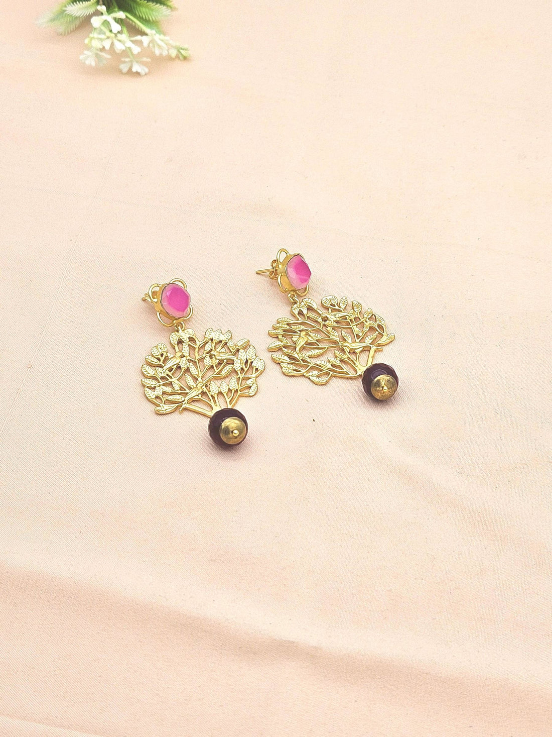 Amazing Golden Pink & Red Onyx Stone Charming Tree Designer Dangle Drop Earrings
