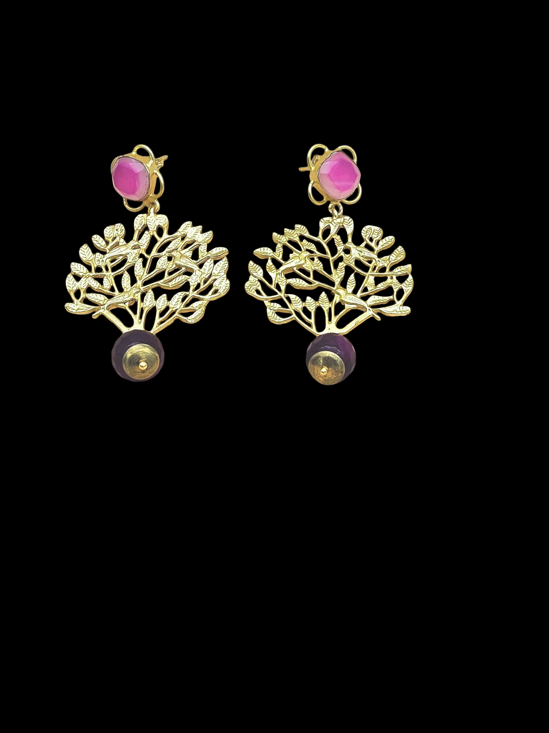 Amazing Golden Pink & Red Onyx Stone Charming Tree Designer Dangle Drop Earrings
