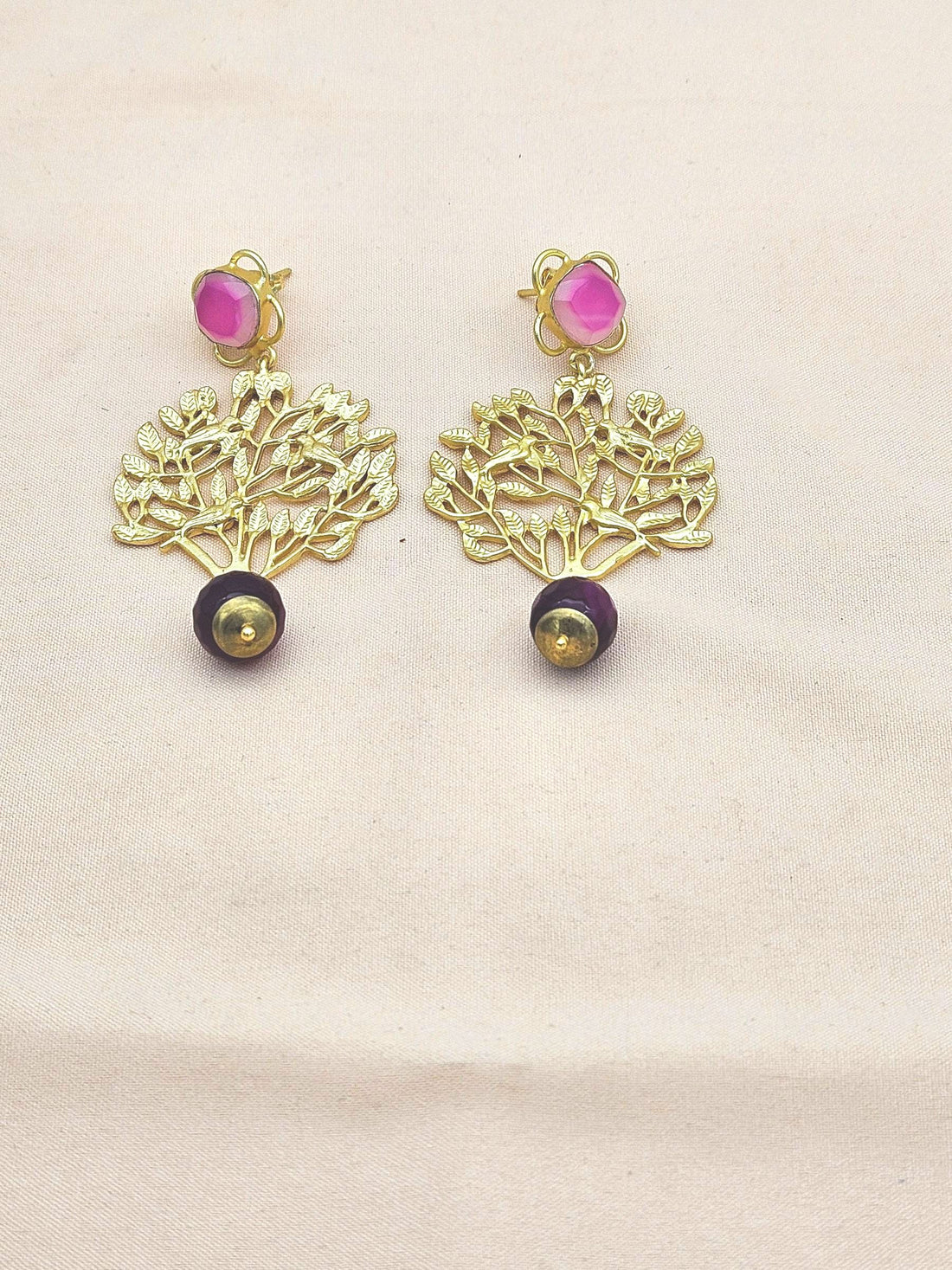 Amazing Golden Pink & Red Onyx Stone Charming Tree Designer Dangle Drop Earrings