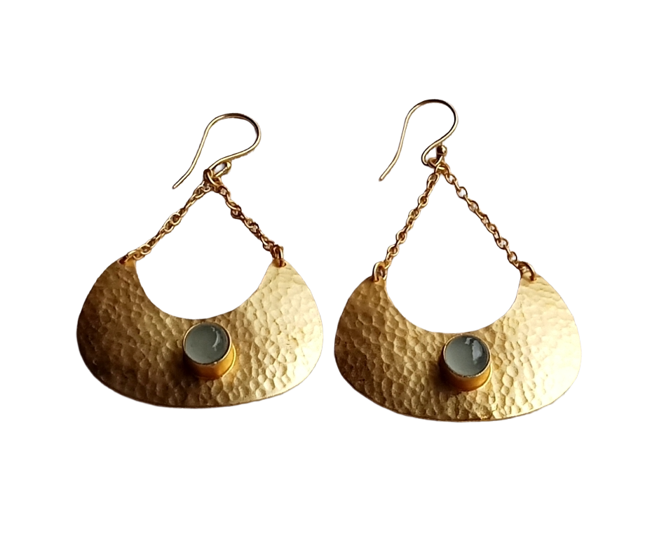 Elegant Gold plated Chalcedony Gem Stone Hammered Designer Dangle Drop Earrings