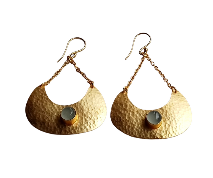 Elegant Gold plated Chalcedony Gem Stone Hammered Designer Dangle Drop Earrings