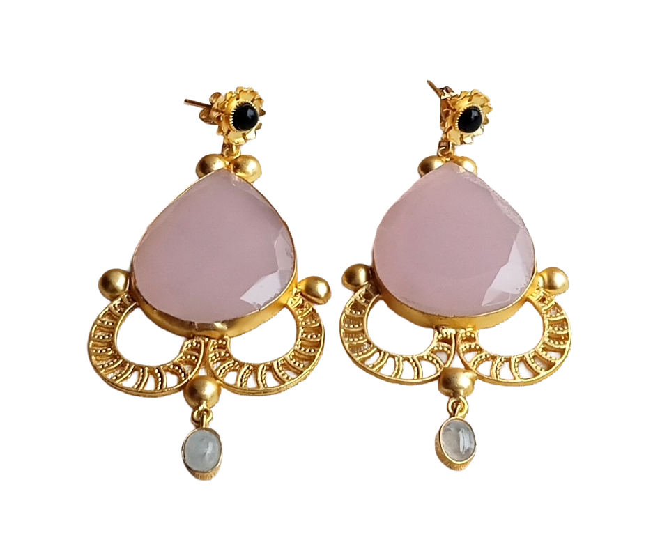 Amazing Gold plated Rose Quartz White Rainbow Black Onyx Charming Designer Dangle Drop Earrings