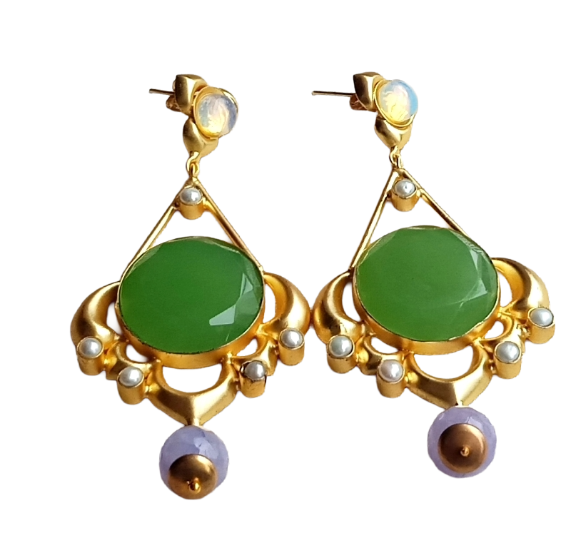 Gold plated Synthetic Pink Opal-Chalcedony Stone-Imitation Pearl Charming Designer Dangle Drop Earrings