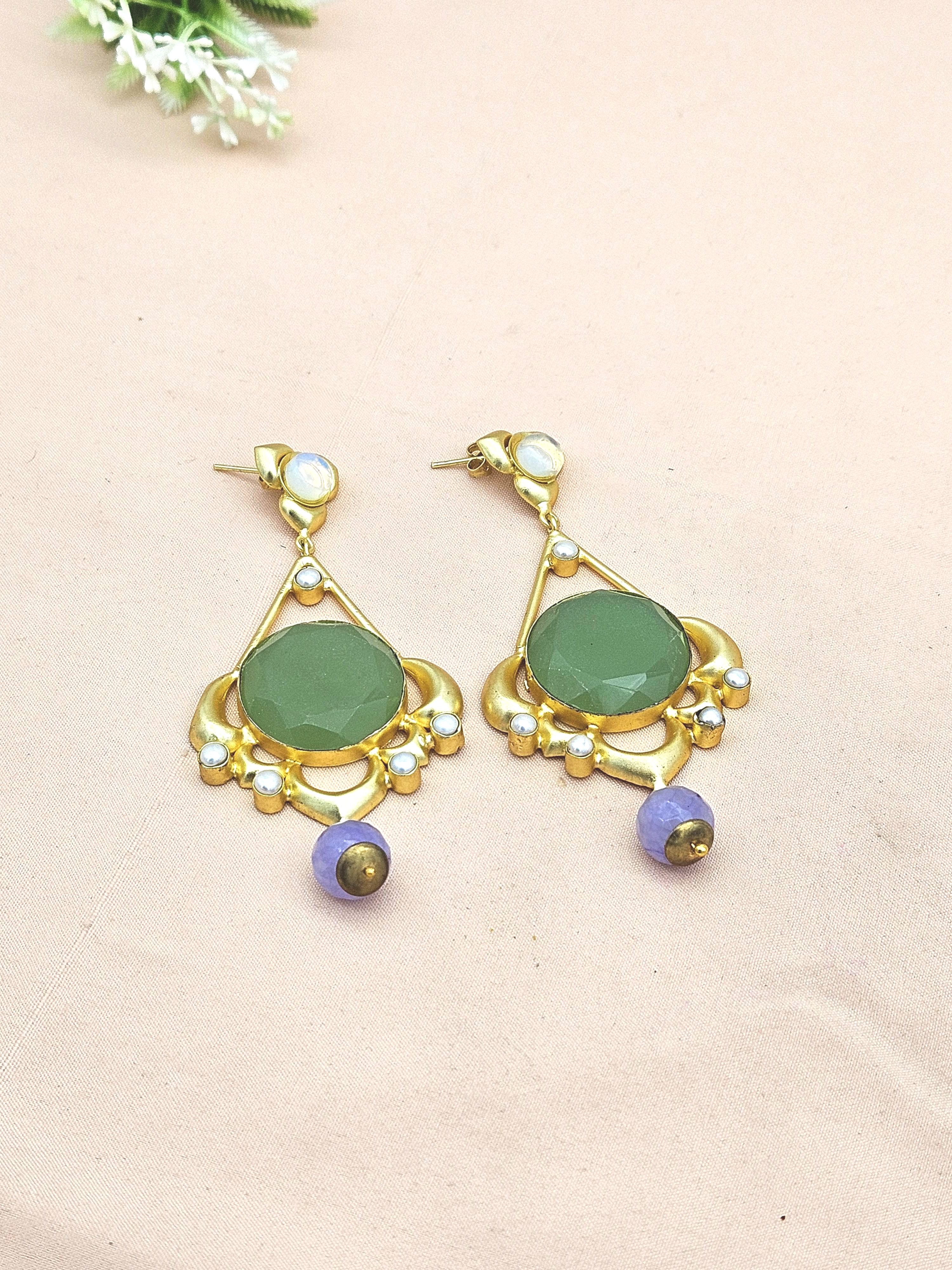 Gold plated Synthetic Pink Opal-Chalcedony Stone-Imitation Pearl Charming Designer Dangle Drop Earrings