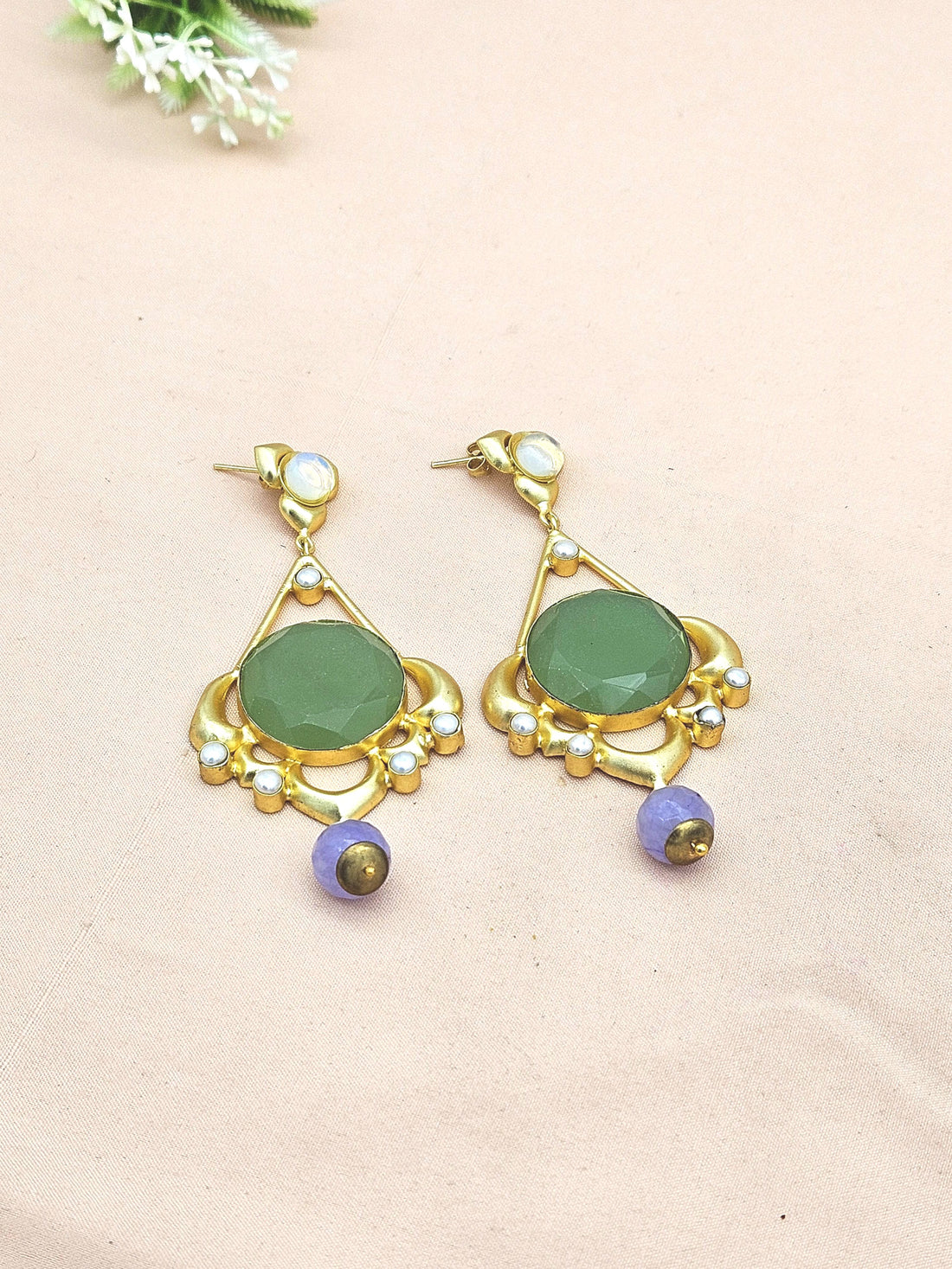 Gold plated Synthetic Pink Opal-Chalcedony Stone-Imitation Pearl Charming Designer Dangle Drop Earrings