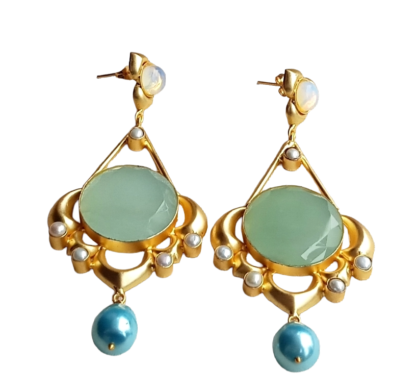 Gold plated Synthetic Pink Opal-Chalcedony Stone-Baroque Pearl Charming Designer Dangle Drop Earrings