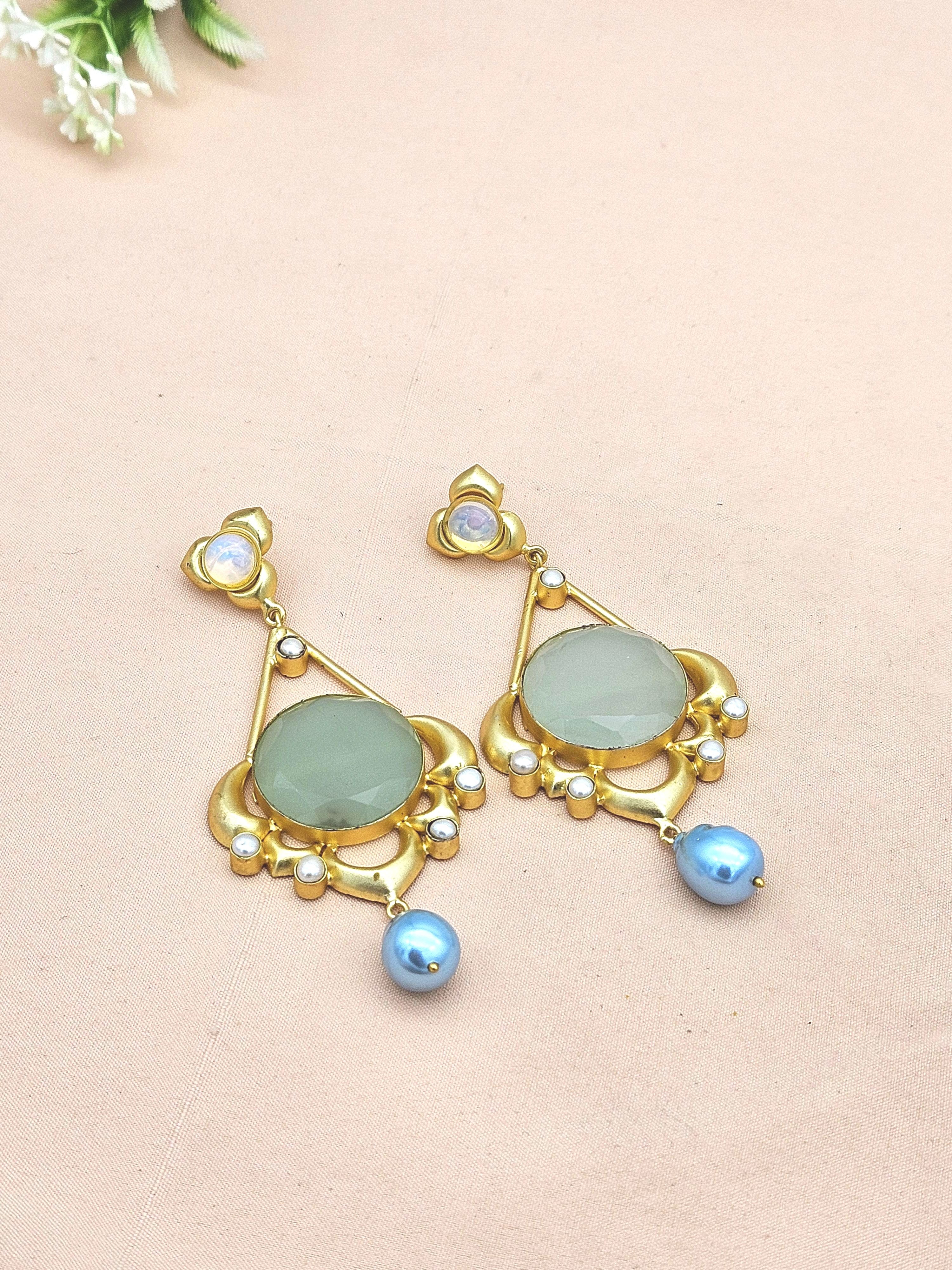 Gold plated Synthetic Pink Opal-Chalcedony Stone-Baroque Pearl Charming Designer Dangle Drop Earrings