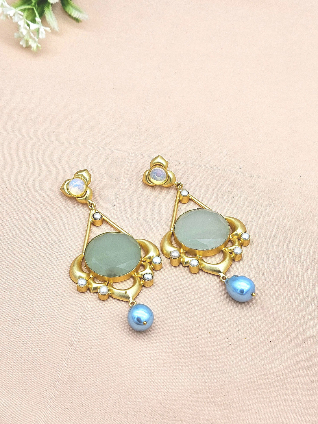 Gold plated Synthetic Pink Opal-Chalcedony Stone-Baroque Pearl Charming Designer Dangle Drop Earrings