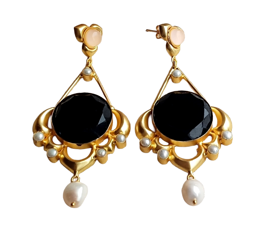 Gold plated Rose Quartz Black Onyx Imitation Pearl Charming Designer Dangle Drop Earrings