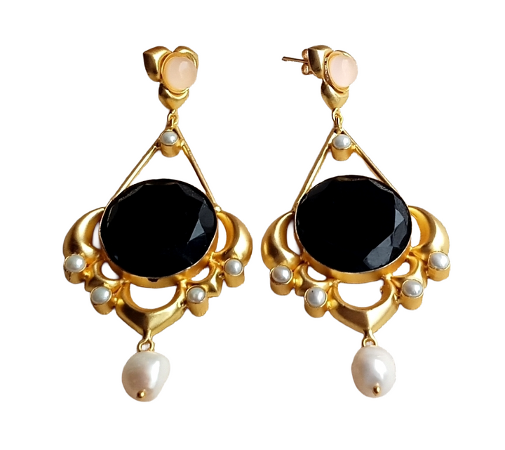 Gold plated Rose Quartz Black Onyx Imitation Pearl Charming Designer Dangle Drop Earrings
