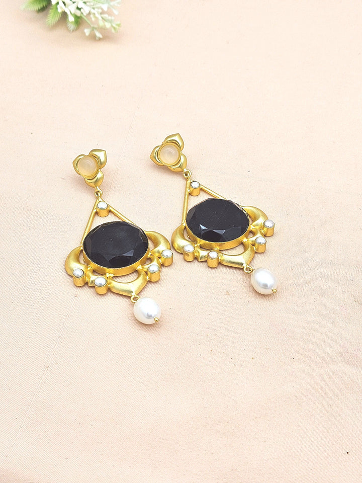Gold plated Rose Quartz Black Onyx Imitation Pearl Charming Designer Dangle Drop Earrings