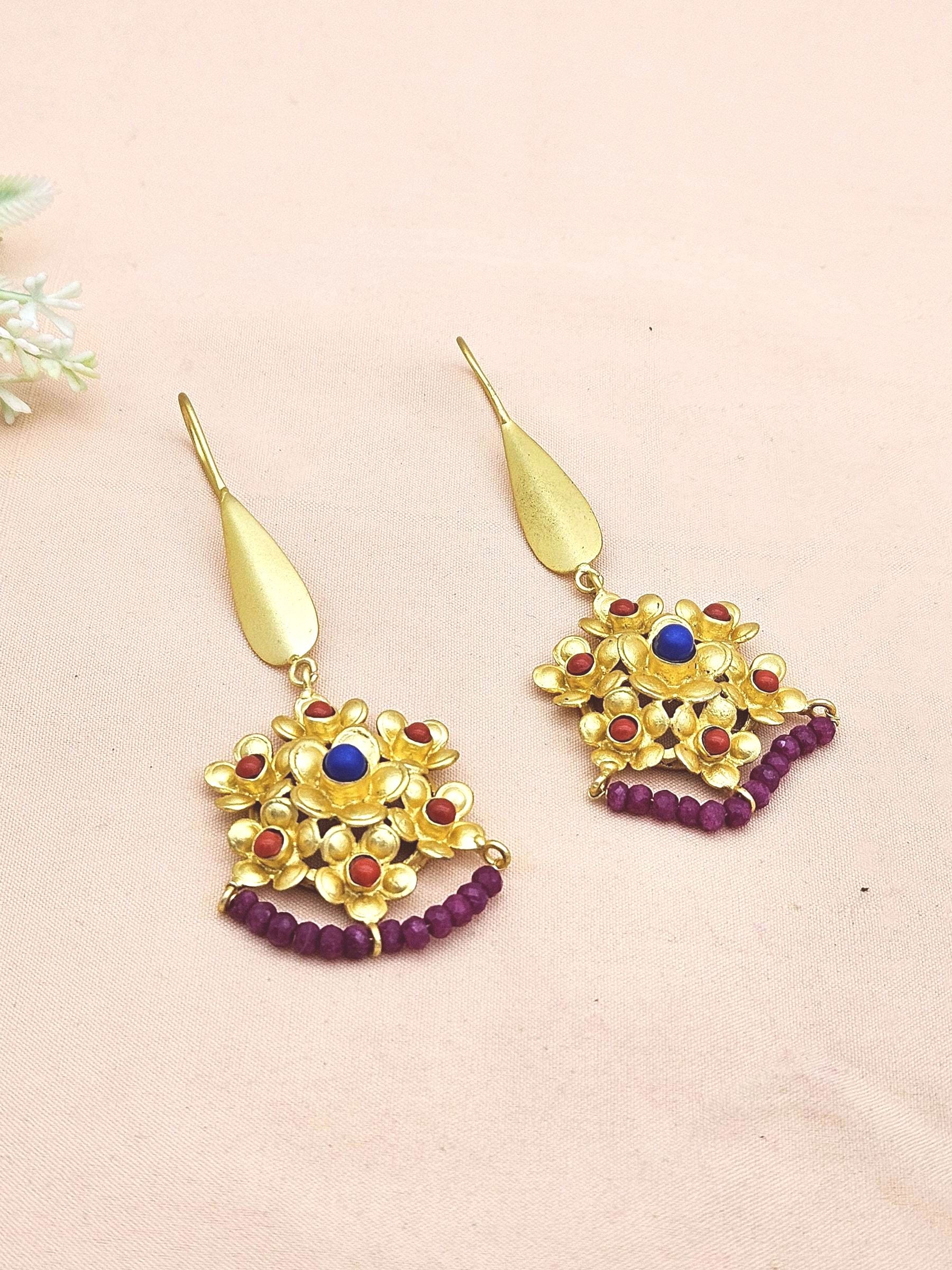 Amazing Gold plated Coral & Blue Glass - Red Hathipara Beads Charming Designer Dangle Drop Earrings